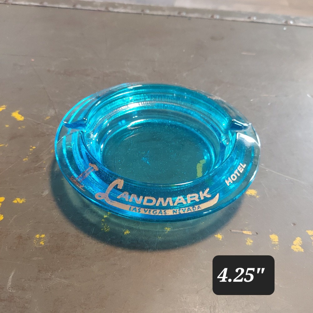 Vintage Landmark Hotel Las Vegas Nevada Turquoise Blue Glass Ashtray 4.25 Inch